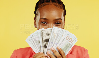 Portrait, happy black woman and money fan, dollar mockup, savings and profit for startup loan isolated on yellow background. Cash, budget and prize, success in financial freedom in studio with bonus.