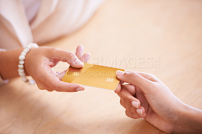 Buy stock photo Payment, service and hands of people with a credit card to pay for a booking or reservation. Retail, shopping and a woman giving for transaction, sales and paying for services at a store or reception