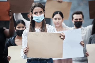 Buy stock photo Blank protest poster, woman mask and portrait with fight, human rights support and rally sign. Urban, group and protesting people with a male person holding a pro vaccine movement signage on a street