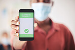 Covid, QR code and phone in person hand for vaccinated digital verification certificate or passport at an airport, hospital or clinic. Man with smartphone and screen technology for coronavirus safety