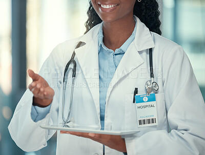 Buy stock photo Closeup, doctor and black woman with a digital tablet, healthcare and connection with innovation, hospital and network. Female person, medical professional and employee with technology and research