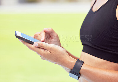 Buy stock photo Fitness woman, phone app and hands of sports outside for exercise, training and workout for health and fitness. Closeup of active female athlete runner tracking progress for cardio steps and wellness
