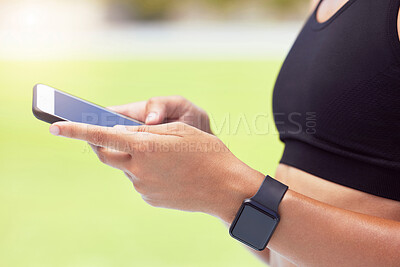 Buy stock photo Exercise, smartwatch and woman with phone on fitness app for outdoor workout. Technology, innovation and sports on smartphone with data and digital information for health and wellness while training.