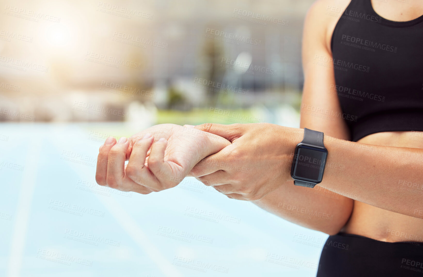Buy stock photo Health, progress and smartwatch with woman check pulse while sports training outdoor, cardio wellness. Fitness, heart and hand of runner monitor heart rate and beat, calorie tracking on a smart app