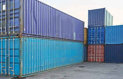Buy stock photo Container, logistics and port at storage in shipyard for global supply chain on sea. Shipping, cargo and transport distribution of goods, for import and export at international harbour in Cape Town