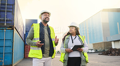 Buy stock photo Logistics container, engineer black people manager and supply chain management at a shipping, cargo or freight warehouse. Business industry worker and export, distribution or storage digital software