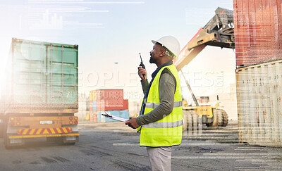 Buy stock photo Delivery, logistics and manager in communication with walkie talkie about stock safety inspection for industrial distribution. Black man speaking with supply chain worker at cargo warehouse in Africa