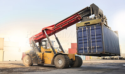 Buy stock photo Transport, logistics and supply chain with container storage and a crane vehicle on a commercial dock. Shipping, cargo and freight in an empty yard for export, import and delivery of goods or service