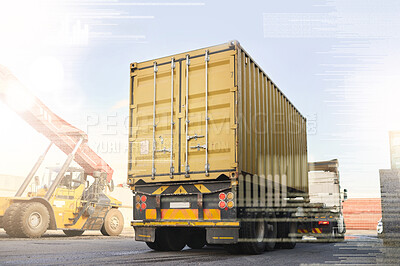 Buy stock photo Logistics truck, shipping and transportation of cargo at a supply chain port ground. Ecommerce stock, delivery service and trade of commercial freight container at an outdoor manufacturing warehouse