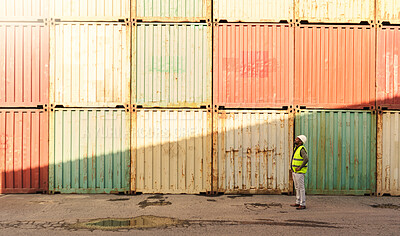 Buy stock photo Logistics container, delivery and black man doing inspection of cargo at an outdoor distribution warehouse. African port manager planning shipping of stock while working in the supply chain industry