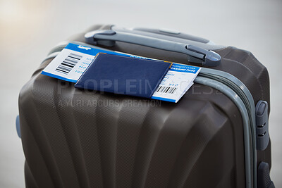 Buy stock photo Passport, suitcase and plane ticket for travel safety in airport for immigration, holiday or vacation. Luggage, document and visa to board flight for traveling abroad overseas with a airline airplane