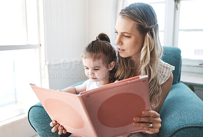 Buy stock photo Mother, girl and reading kids book for child education development learning language, communication or literacy at home. Mom storytelling, growing children minds and love family quality time together