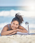 Fitness, woman and relax with smile for beach, vacation or exercise for zen workout or training in the outdoors. Female relaxing and smiling after a yoga day for mental, body and spiritual wellness