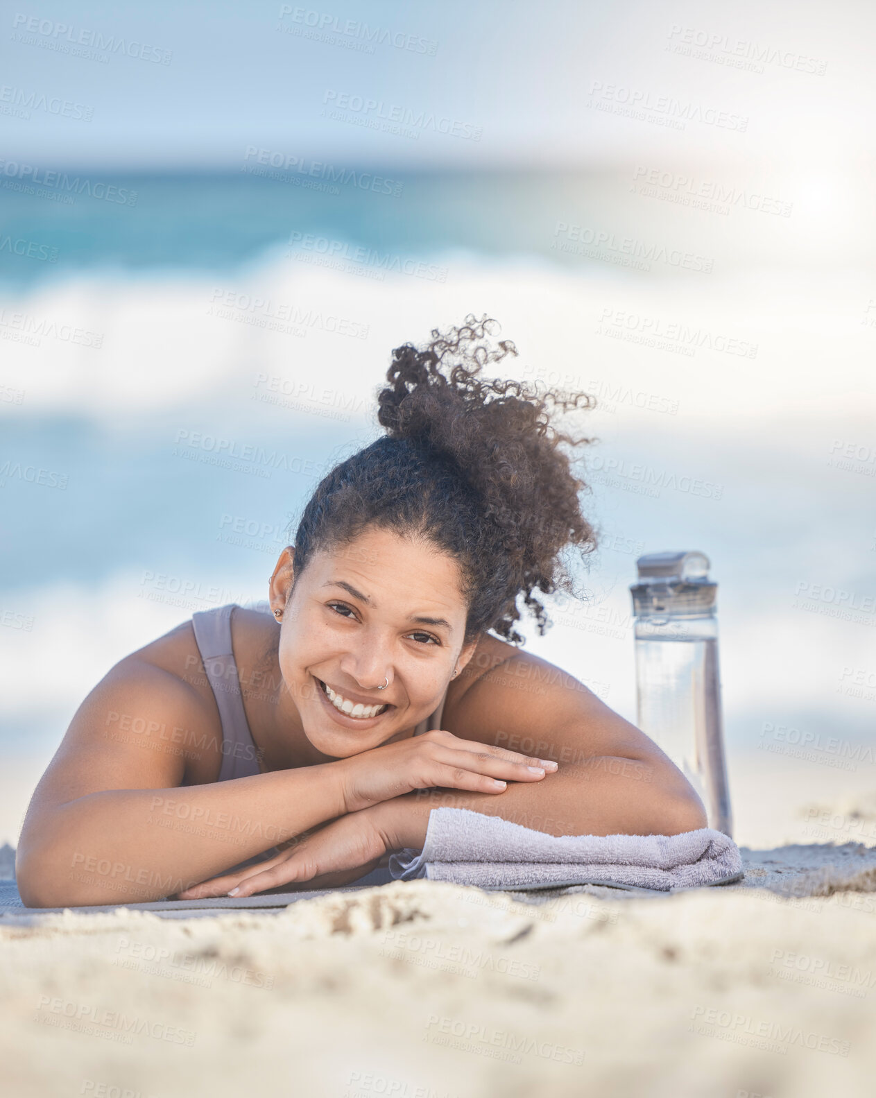 Buy stock photo Fitness, woman and relax with smile for beach, vacation or exercise for zen workout or training in the outdoors. Female relaxing and smiling after a yoga day for mental, body and spiritual wellness