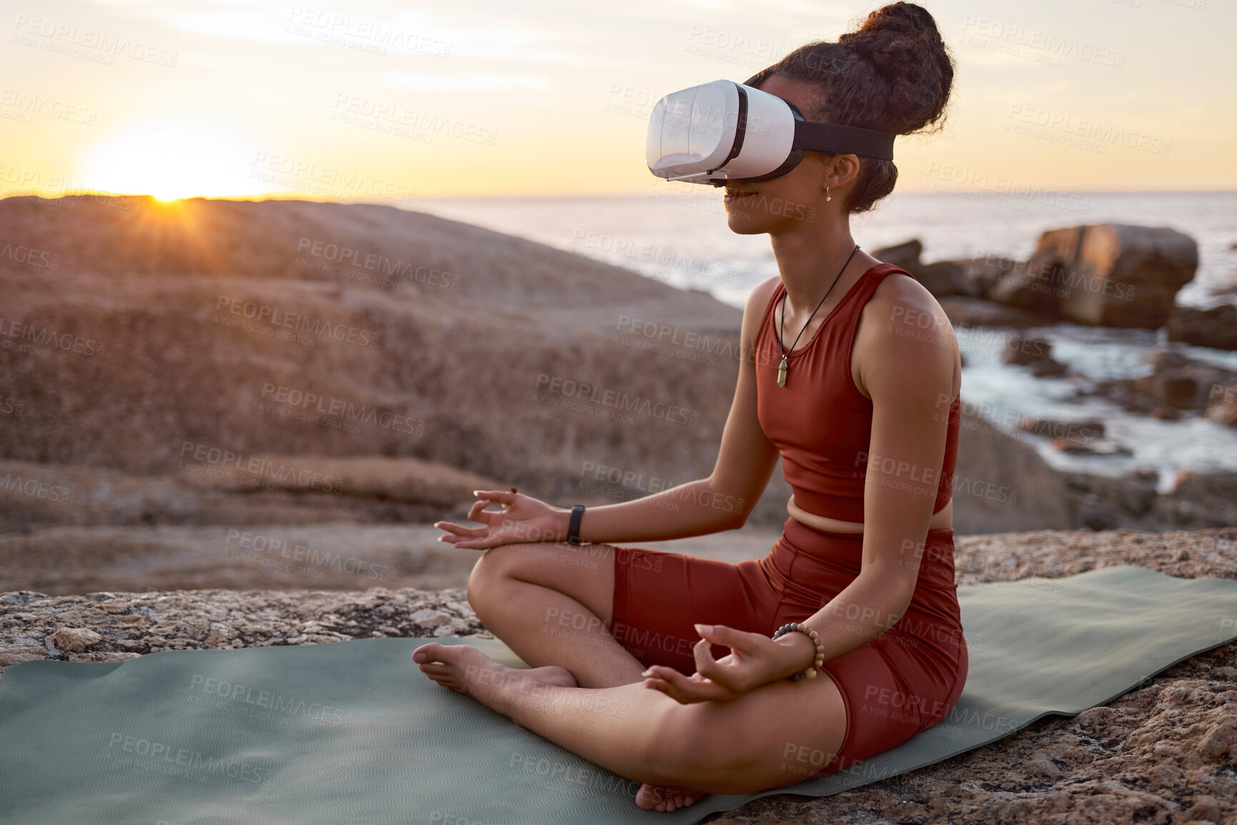 Buy stock photo Woman, metaverse or vr headset in yoga meditation by beach, ocean waves, sea water in mental health support, zen app or 3d peace ai. Lotus, relax or wellness person on virtual reality chakra software