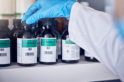 Buy stock photo Hand, covid and medical vaccine with a nurse working in a hospital or clinic for treatment in the pandemic. Healthcare, insurance and bottle with a female medicine professional at work during corona