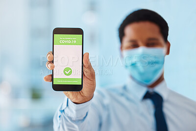 Buy stock photo QR code, scan and phone with online covid vaccine certificate by businessman showing mobile screen. App, hand and digital passport of an employee or tourist as new normal travel closeup
