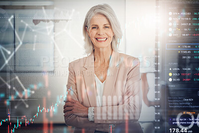 Buy stock photo Arms crossed, work and portrait of woman with double exposure for business, finance or investment. Smile, manager and mature female ceo for professional wealth, data or stock market trading in office