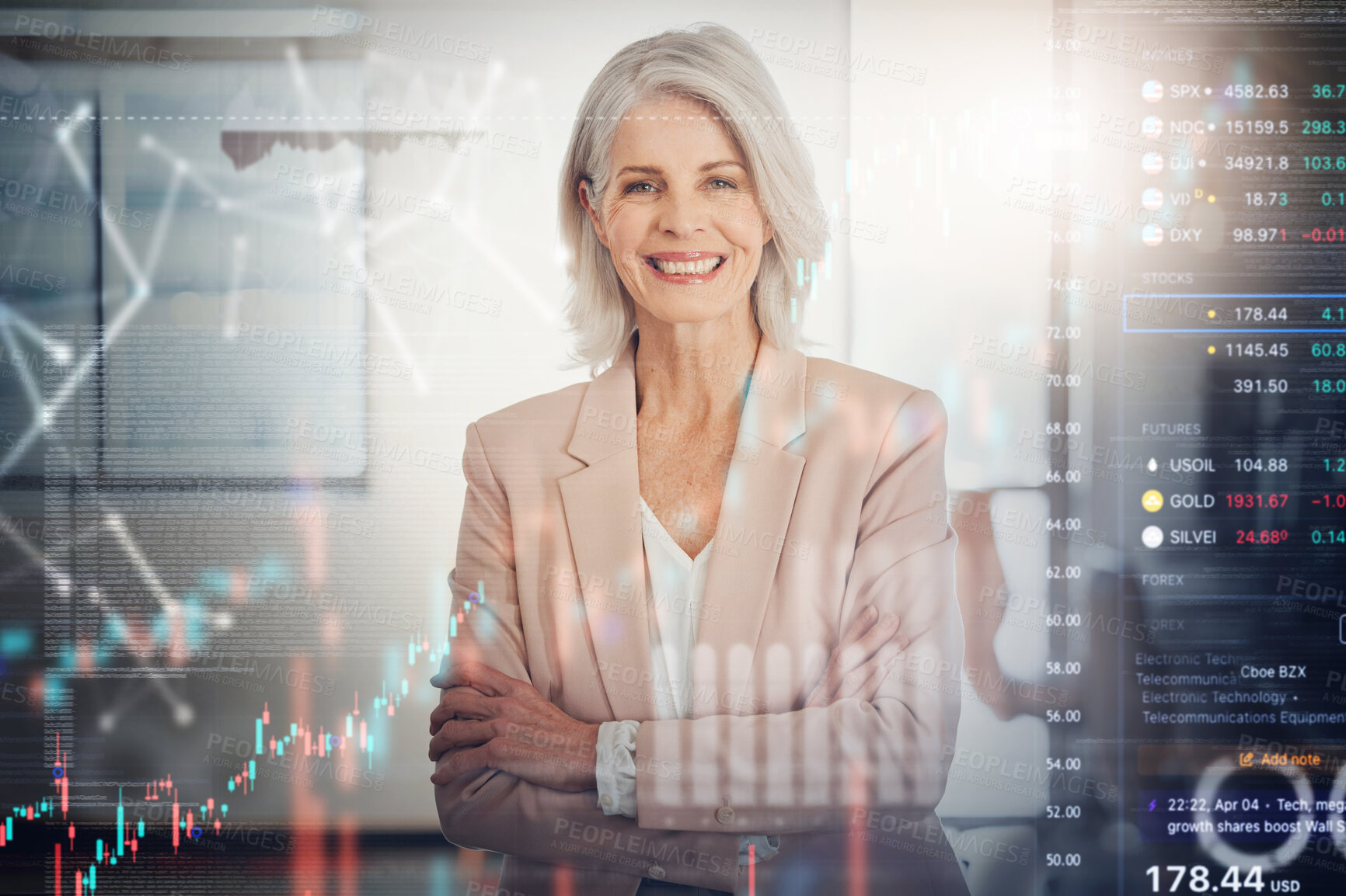 Buy stock photo Arms crossed, work and portrait of woman with double exposure for business, finance or investment. Smile, manager and mature female ceo for professional wealth, data or stock market trading in office