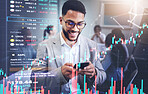 Phone, overlay and business man with stock market, data growth and graphs, charts or financial statistics in office. Professional person reading on mobile app, trading stats and profit or investment