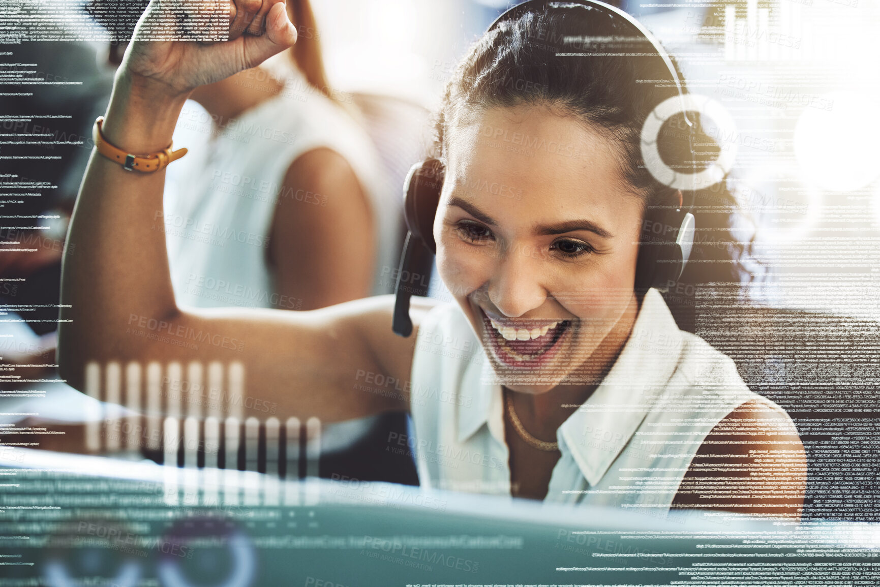 Buy stock photo Call center achievement, overlay and a woman with a computer for trading and online progress or success. Happy, digital and a customer service employee excited about web support or telemarketing win