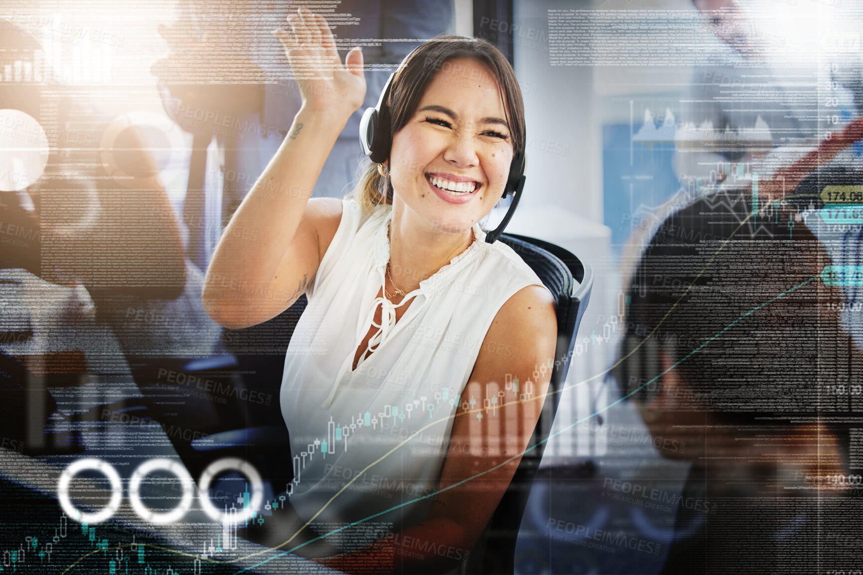 Buy stock photo Call center, high five and happy people in overlay with graphs, statistics and data. Telemarketing, success and celebration of man and Asian woman in double exposure for teamwork, sales or lens flare