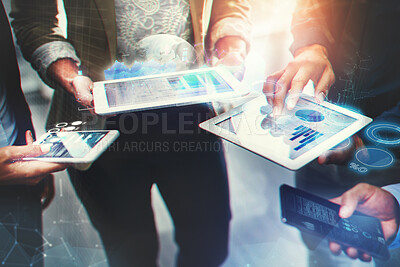 Buy stock photo Tablet, overlay and finance with business people in collaboration to research information on graphs for planning. Hands, technology and accounting with a corporate team standing in a huddle at work