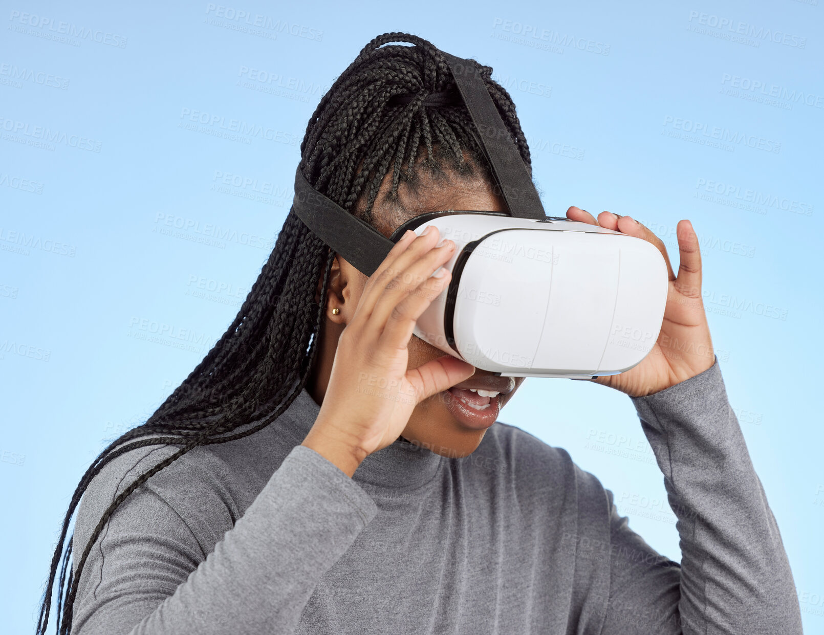 Buy stock photo Vr, gaming and digital with black woman and metaverse for future, cyber and 3d system. Media, ui and web technology with girl and headset for internet, augmented reality and data analytics graphics