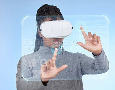 Buy stock photo Vr, augmented reality and digital with black woman and 3d hologram for future, cyber and metaverse. Media, ui and technology with girl and headset for ux interface, innovation and data graphics