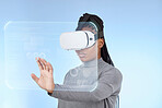 Vr, augmented reality and digital with black woman and 3d hologram for future, cyber and metaverse. Media, ui and technology with girl and headset for ux interface, innovation and data graphics