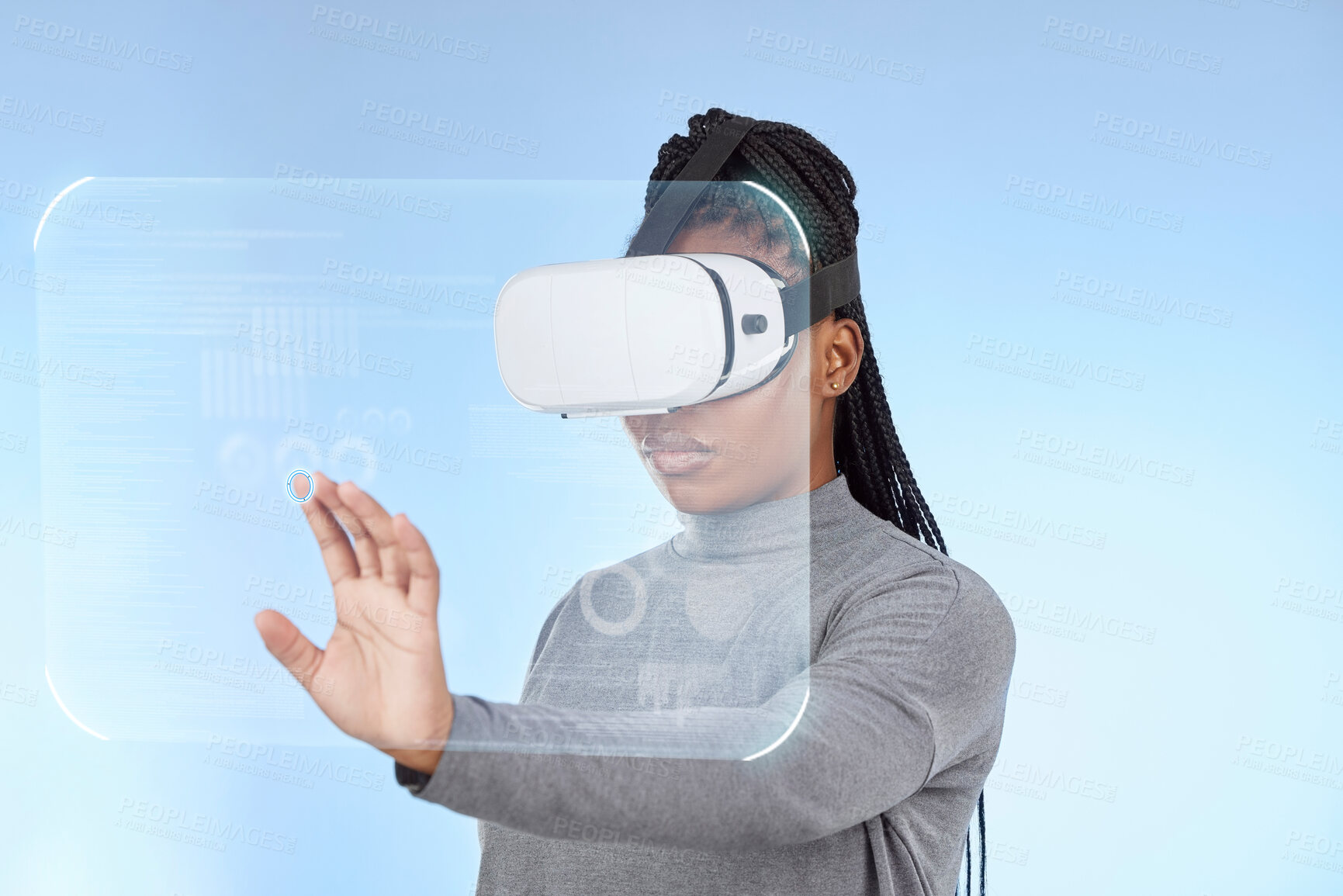 Buy stock photo Vr, augmented reality and digital with black woman and 3d hologram for future, cyber and metaverse. Media, ui and technology with girl and headset for ux interface, innovation and data graphics