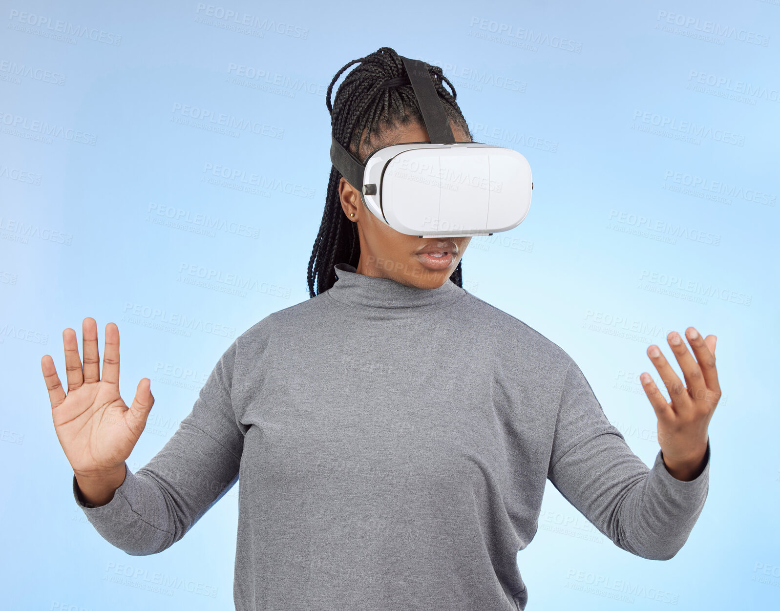 Buy stock photo Vr, gaming and wow with black woman and metaverse for future, cyber and 3d system. Media, ui and web technology with girl gamer and headset for internet, augmented reality and data analytics graphics