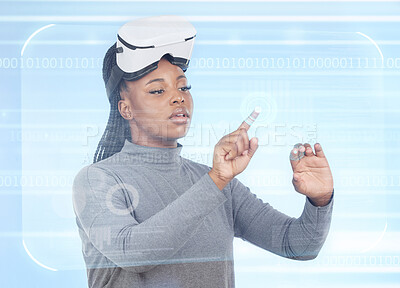 Buy stock photo Vr, augmented reality and digital with black woman and 3d hologram for future, cyber and metaverse. Media, ui and technology with girl and headset for ux interface, innovation and data graphics
