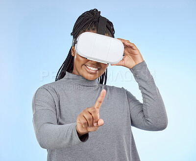 Buy stock photo Vr, gaming and wow with black woman and metaverse for future, cyber and 3d system. Media, ui and web with gamer and headset for internet, augmented reality and technology in blue background studio