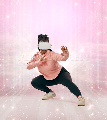 Buy stock photo Virtual reality, cyber gaming and woman fight in augmented reality, futuristic ai metaverse or future warrior battle. Martial arts game, ninja fantasy simulation or pink African gamer with vr headset