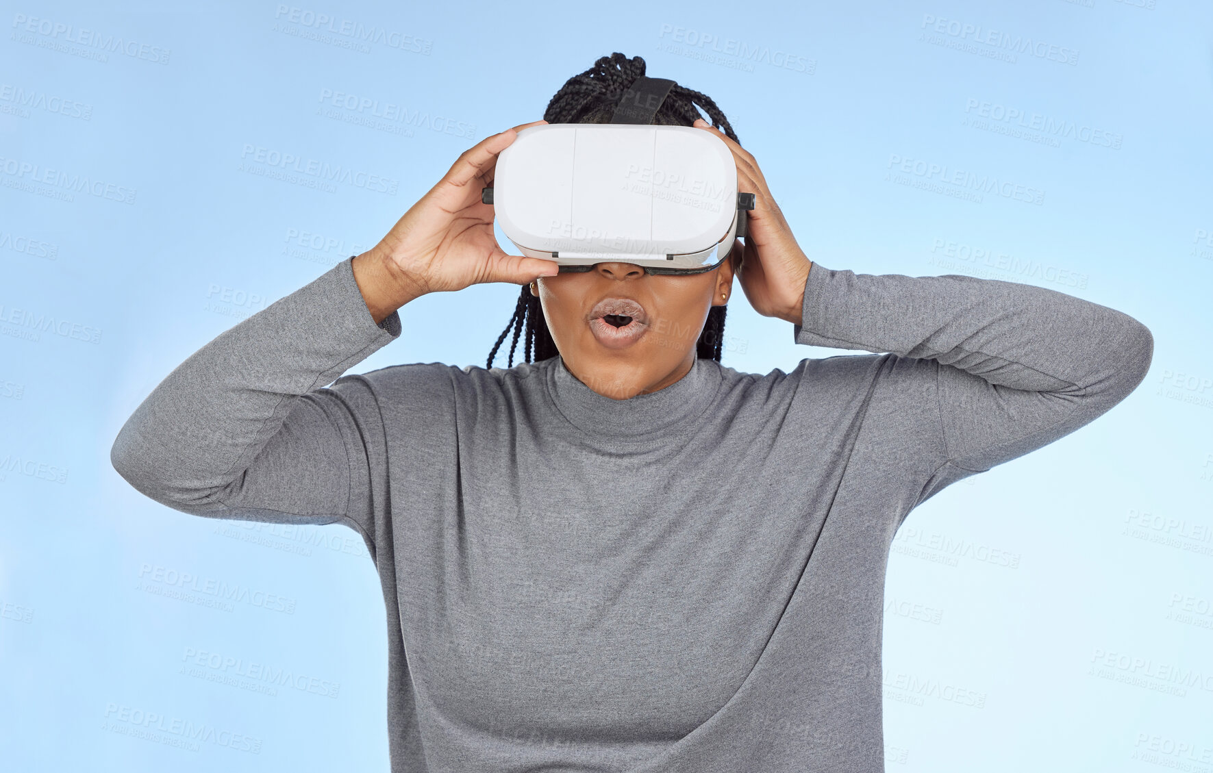 Buy stock photo Vr, gaming and wow with black woman and metaverse for future, cyber and 3d system. Media, ui and web technology with girl gamer and headset for internet, augmented reality and data analytics graphics