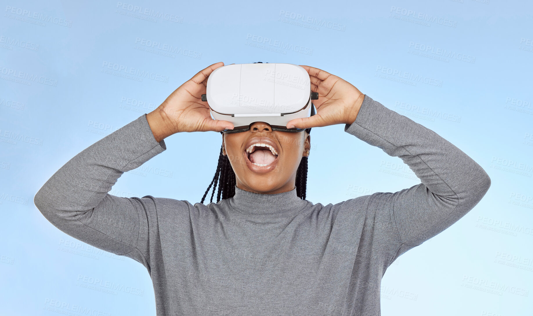 Buy stock photo Vr, gaming and wow with black woman and metaverse for future, cyber and 3d system. Media, ui and web technology with girl gamer and headset for internet, augmented reality and data analytics graphics