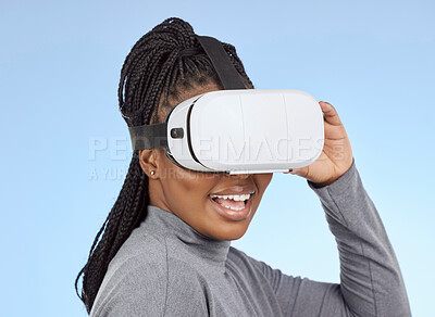 Buy stock photo Metaverse, gaming and vr with black woman and headset for future, cyber and 3d system. Media, ui and web technology with gamer for internet, augmented reality and digital in blue background studio