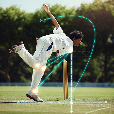 Buy stock photo Cricket bowling, man and field on grass with overlay, science and mechanics for speed, sport and technique for contest. Indian guy, mathematics or vision for holographic analytics for balance in game