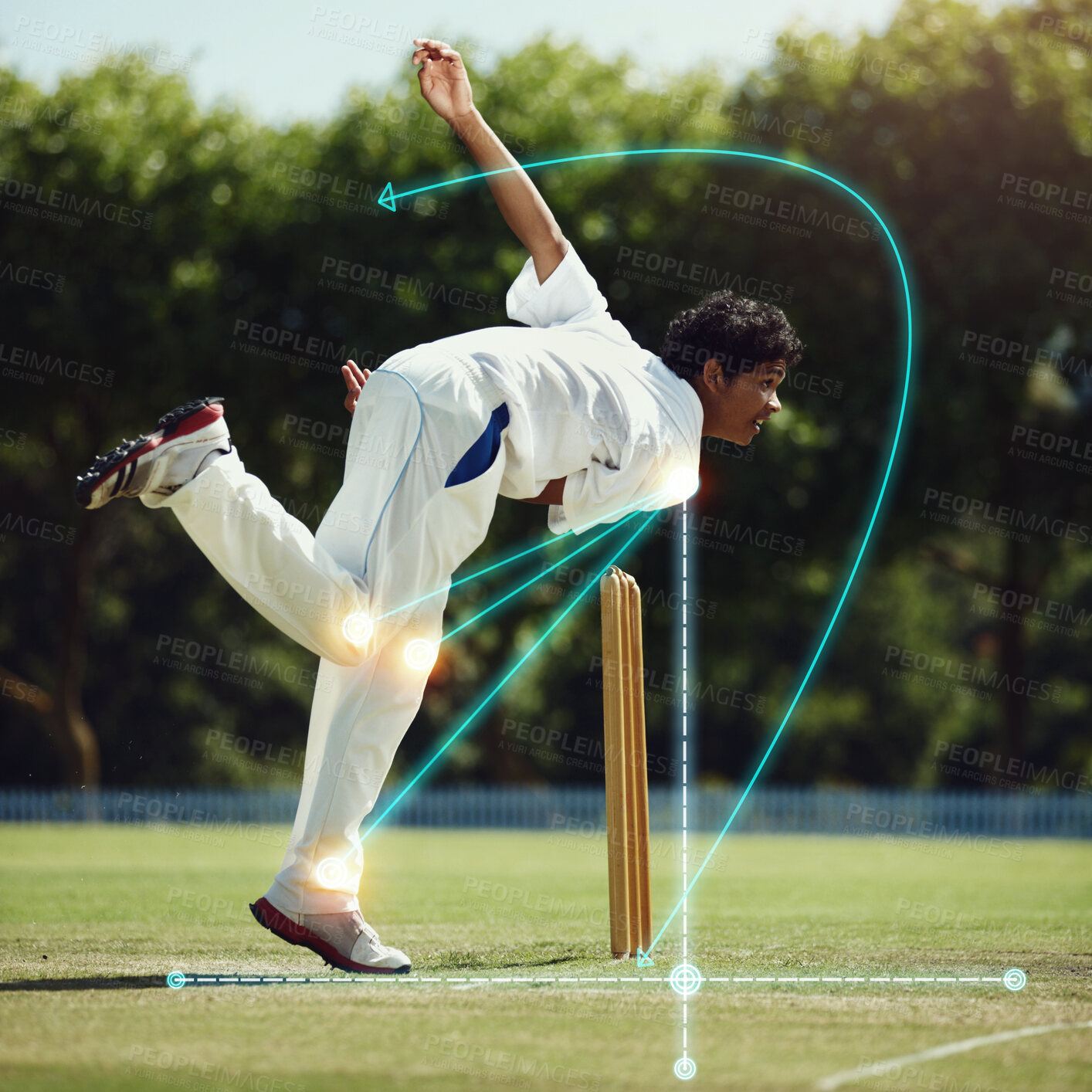 Buy stock photo Cricket bowling, man and field on grass with overlay, science and mechanics for speed, sport and technique for contest. Indian guy, mathematics or vision for holographic analytics for balance in game