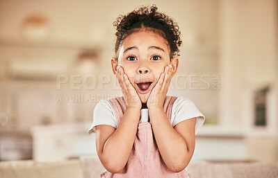 Buy stock photo Wow portrait, reaction and a child in a house for news, announcement or excited. Shock, lounge and a young girl with a surprise expression a home living room for achievement or communication