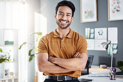 Buy stock photo Portrait, business and Asian man with arms crossed, happy and creative in a modern office, advertising agency or smile. Face, male person or entrepreneur with professional, proud or marketing manager