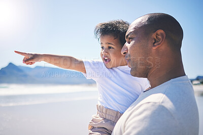 Buy stock photo Travel, vacation and father with his baby on the beach while on a tropical family weekend trip. Happy, sightseeing and young dad standing and bonding with his infant child by the ocean on a holiday.