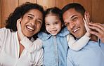 Laughing, love and above portrait of a family with care, relax and bonding together on the lounge floor. Smile, fun and a child with affection for parents in the living room in a house for playing