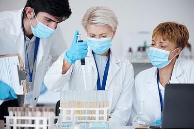 Buy stock photo Analysis, covid team and employees in a lab for healthcare research, medical analytics or science. Chemistry, education and scientists witth face mask and teamwork to study a liquid or chemical
