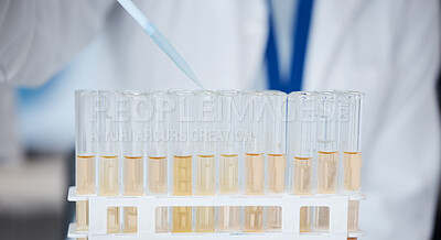Buy stock photo Pipette, test tube and scientist with liquid for research, experiment and sample. Science, medical professional and doctor with dropper for chemistry, medicine and healthcare study in laboratory.