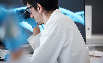 Buy stock photo Science, dna and microscope with man in laboratory for research, pharmacy and medical. Medicine, healthcare and study with scientist and focus in clinic on biotechnology, bacteria and future