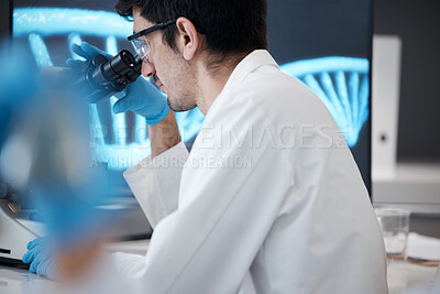 Buy stock photo Science, research and microscope with man in laboratory for dna, pharmacy and medical. Medicine, healthcare and study with scientist and focus in clinic on biotechnology, bacteria and future