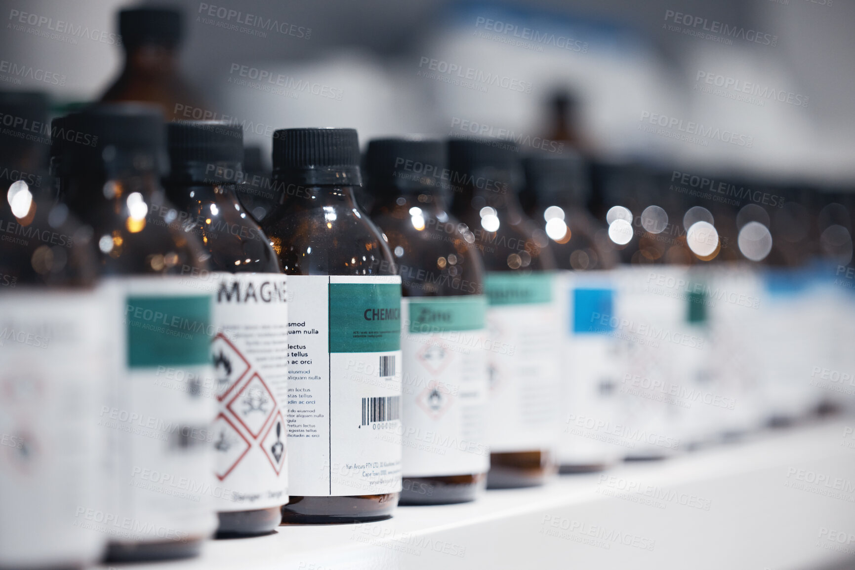 Buy stock photo Science, chemical and bottle with pharmaceutical solution, medicine for healthcare study and poison. Medical danger, research and innovation in health care, biotechnology and product investigation.