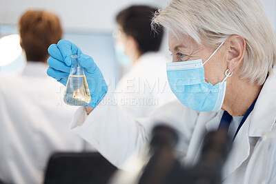 Buy stock photo Science, sample and a senior doctor woman at work in a laboratory for research or innovation in healthcare. Face, covid mask and a mature female scientist working in a lab for medical development
